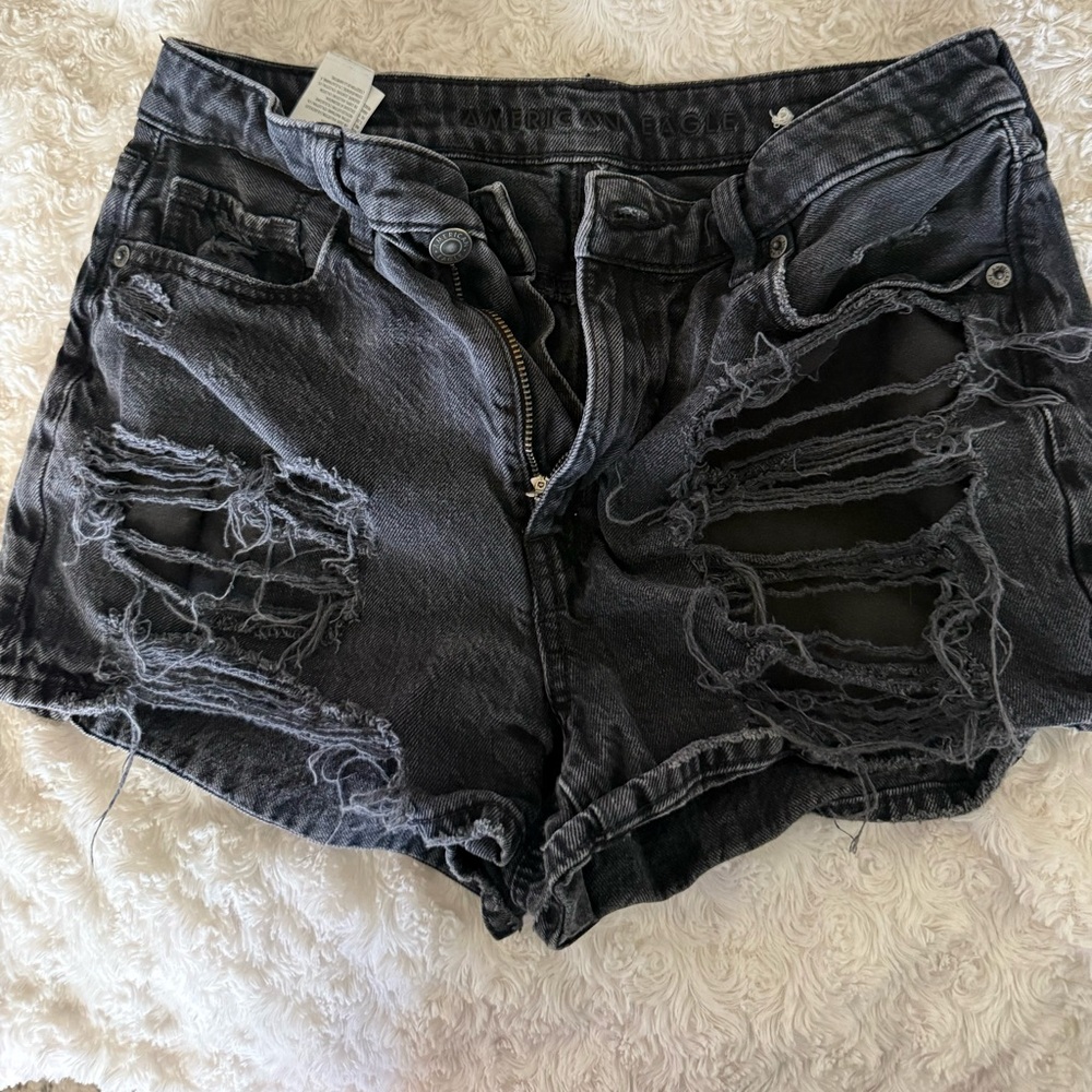 American Eagle Outfitters Black Distressed High-Rise Jean Shorts